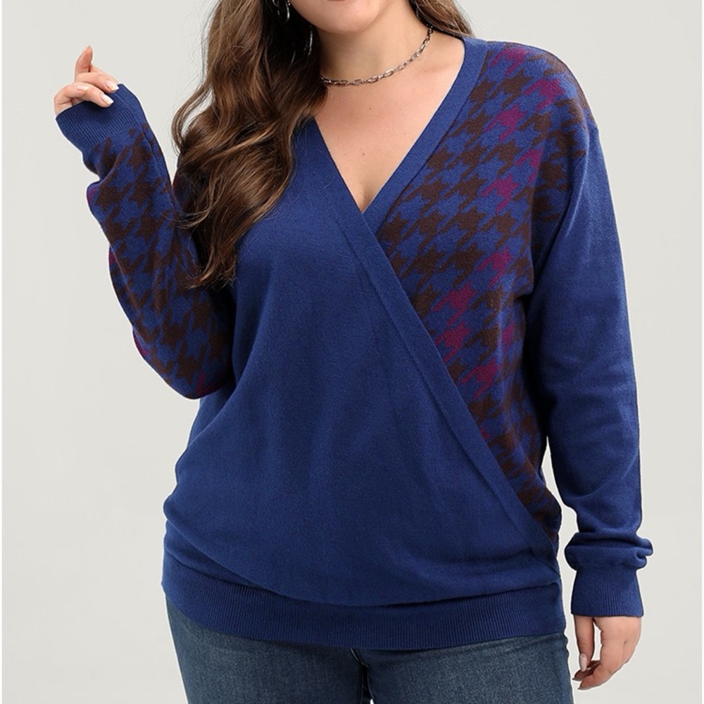 BloomChic Blue Houndstooth Wrap Knit Sweater Plus Size 1X